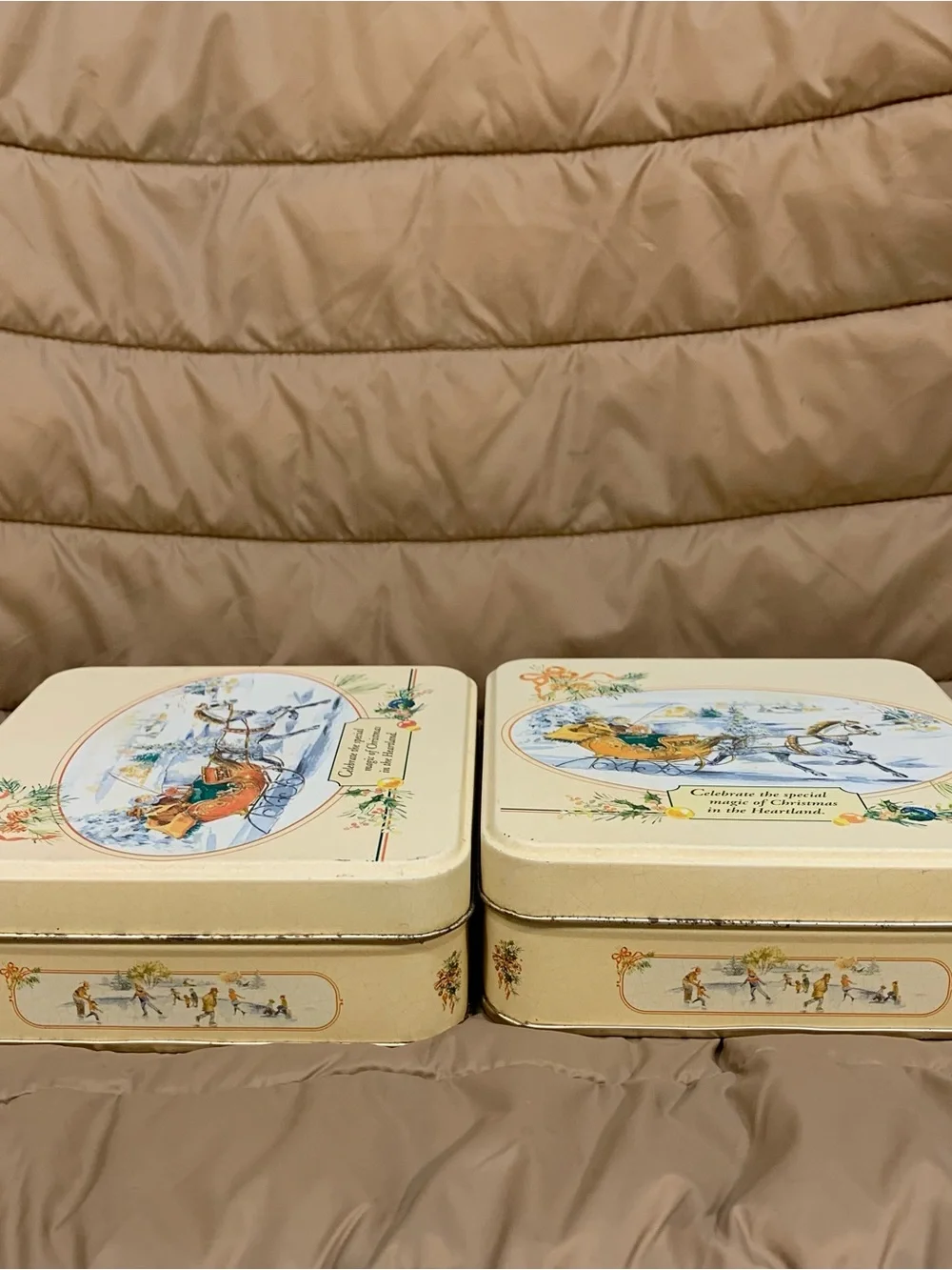 Vintage Swiss Colony Christmas Tin Set - Cream with Festive Winter Sleigh Scene